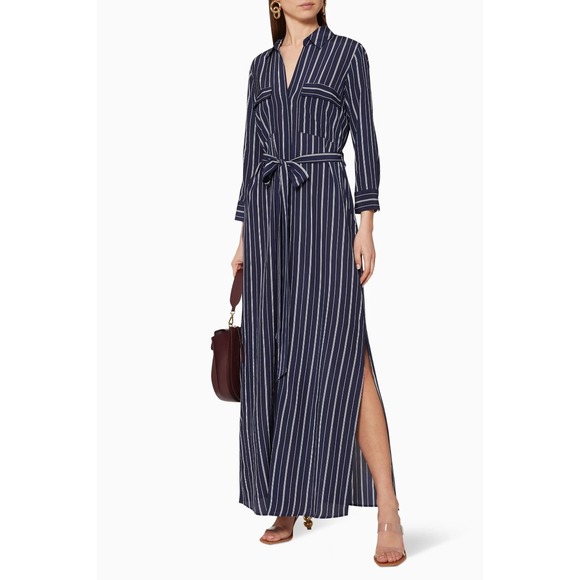 L'AGENCE Dresses & Skirts - L'Agence Cameron Silk Maxi Shirt Dress Navy White Stripe Belted Small